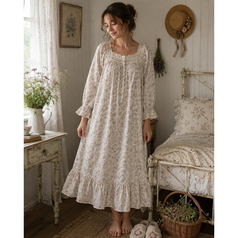 VTG Victoria's Secret Nightgown Womens M Cream Floral Cotton Lace Trim Cottage